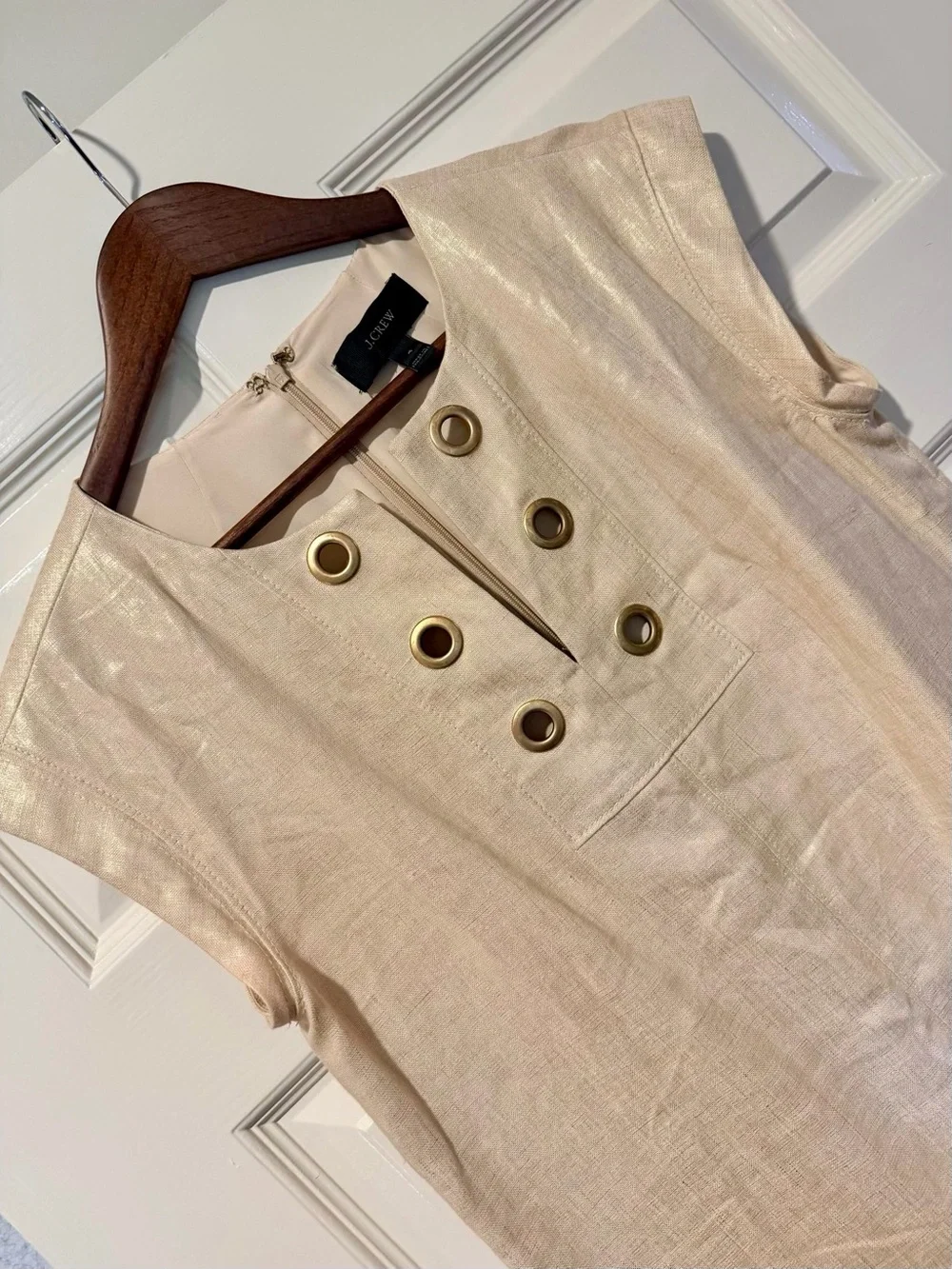 J.Crew Metallic Linen Shimmer Grommet Shift Dress with Pockets - Gold / Flax